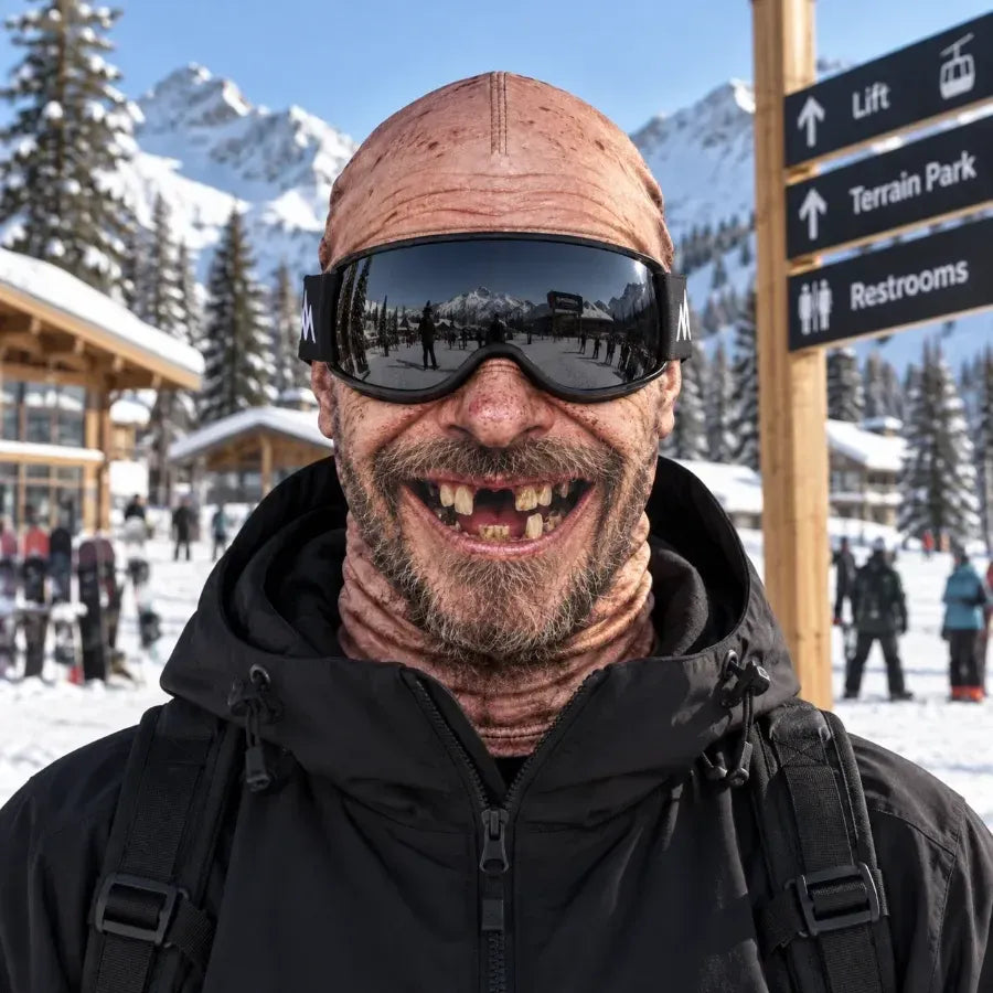 Skier wearing the Two Teeth Tony ski mask with mirrored goggles