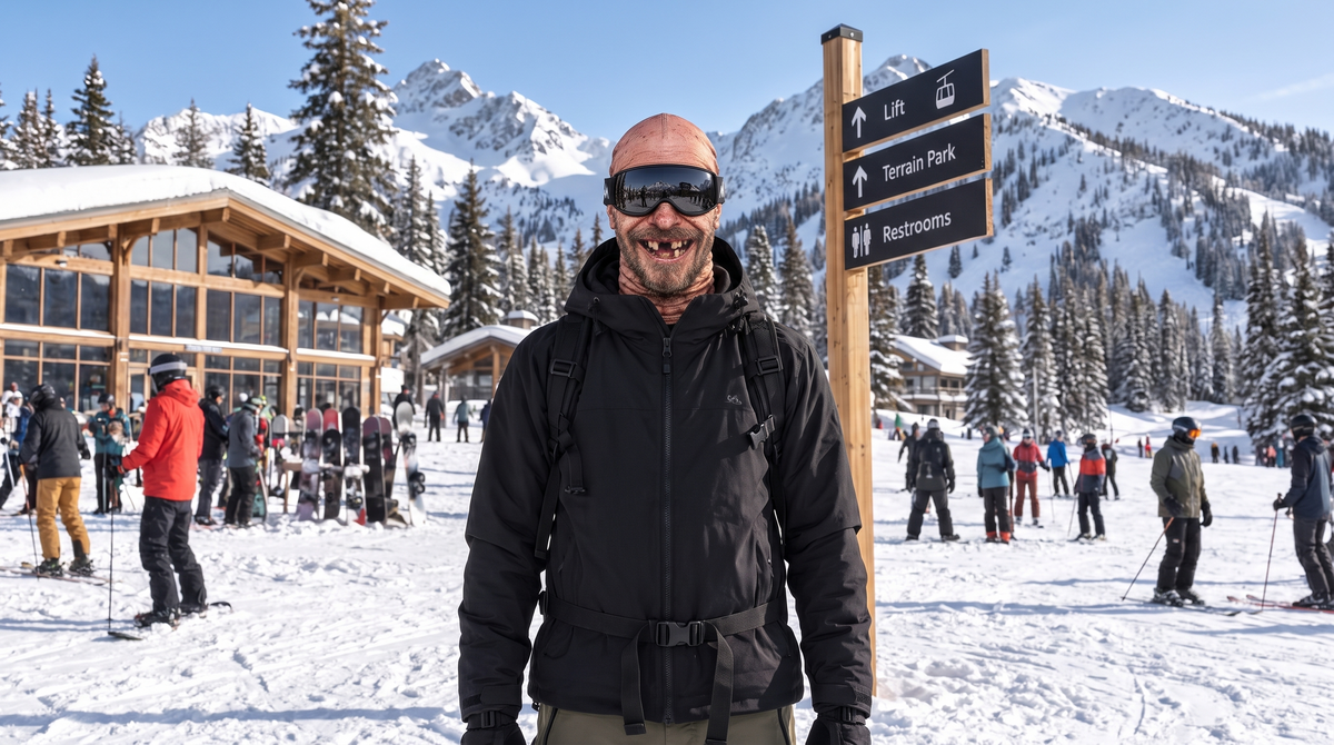 Skier wearing the Two Teeth Tony ski mask with mirrored goggles